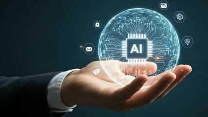 Hand holding holographic AI chip globe with digital world map in background - Powered by Adobe