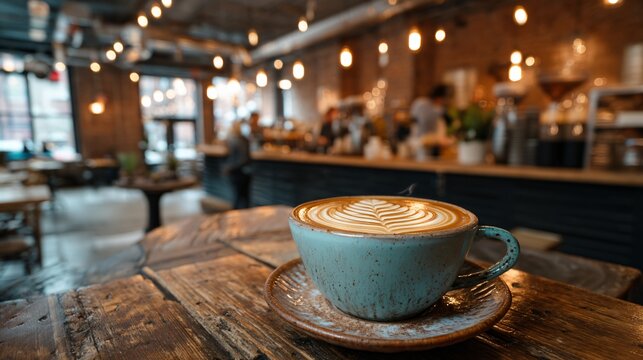 Cozy latte art coffee served in a modern New York cafe ambiance - Powered by Adobe