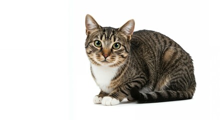 Obraz premium Brown tabby domestic cat sitting upright front facing pose with green eyes white background studio portrait for pet product advertising