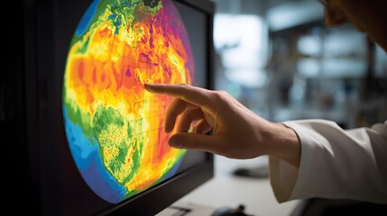 A scientist examines a thermal map on a computer, likely studying climate change or weather patterns. The monitor shows a colorful globe.