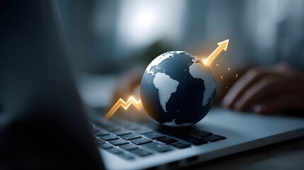 Global Economic Growth: A world globe sits atop a laptop with a rising arrow symbolizing worldwide business success.