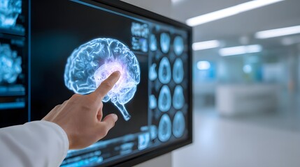 A medical professional examines a brain scan on a monitor, highlighting a specific area. The analysis aids in diagnostics and treatment planning.