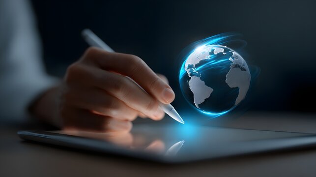 Digital artist using tablet drawing holographic Earth with futuristic pen. Concept of global technology, connection, and digitalization.