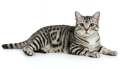 American Shorthair silver tabby cat sitting upright on white background, purebred feline studio portrait with classic markings