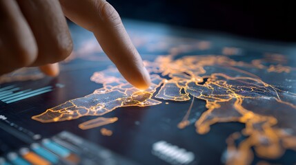 Finger taps interactive digital world map interface showing countries illuminated with orange highlights, data visualizations on screen.