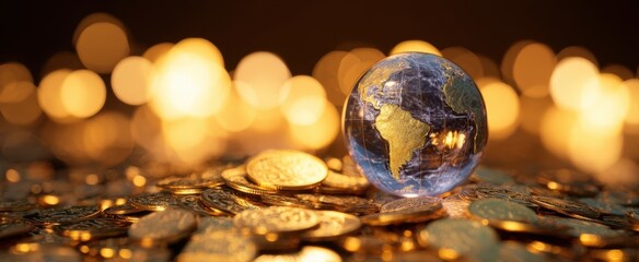 The Glass Globe on a Pile of Coins with Warm Golden Bokeh Lights
