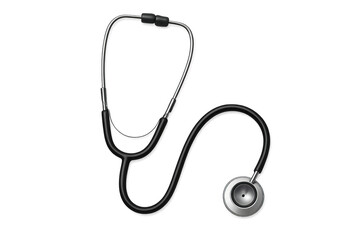 Black stethoscope lying on transparent background for medical concepts