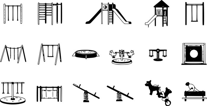 Playground icons set. Jungle gym. Children's amusement park, a place for children and parents to leisure. Slide, sandpit, merry-go-round, seesaw. Monochrome black and white icon.