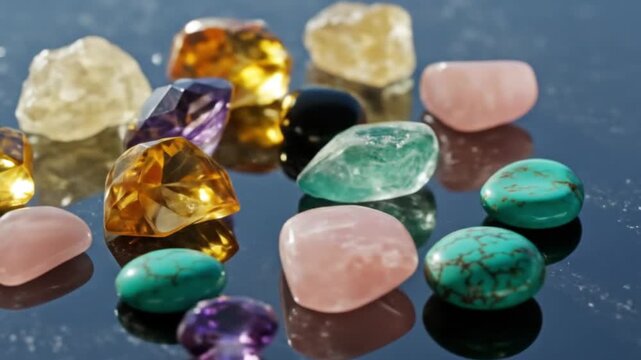 A collection of colorful gemstones including amethyst citrine and turquoise on a reflective surface