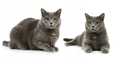 Two british shorthair gray cats in different poses on white background, purebred felines with orange eyes lying and sitting