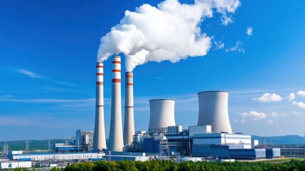 Obraz premium Industrial Power Plant with Emission Stacks Against Blue Sky and Clouds