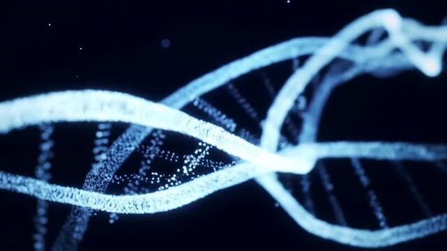 Glowing strands intertwine, resembling DNA, in a dark background