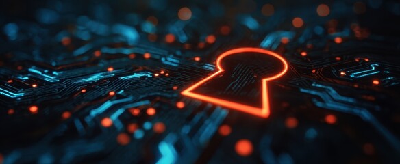 The keyhole glowing over a neon circuit board representing digital security and encryption