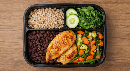 Traditional Brazilian Lunch Box with Grilled Chicken, Black Beans, Brown Rice, Roasted Vegetables, and Fresh Salad – Balanced Meal Photography