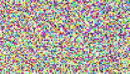 Abstract pixelated mosaic pattern displaying a random distribution of vibrant multicolored squares creating a textured chaotic effect perfect for digital backgrounds.