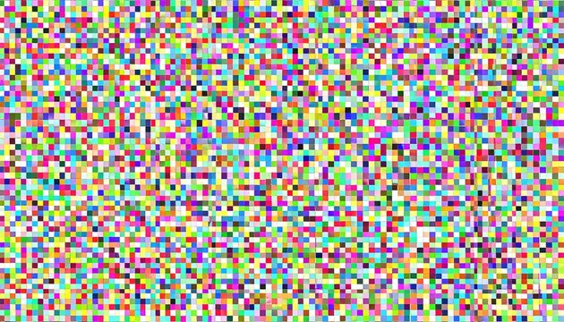 Abstract pixelated mosaic pattern displaying a random distribution of vibrant multicolored squares creating a textured chaotic effect perfect for digital backgrounds.