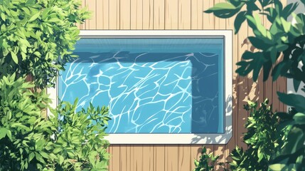 A small pool with a white wall and a green bush behind it