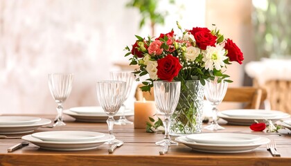 Elegant Table Setting with Red and White Roses and Crystal Glassware