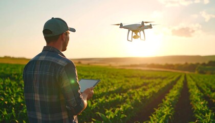 Farmer controls drone over cornfield at sunset