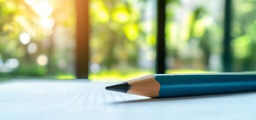 The classroom gleams brightly with an elegant blue pencil poised on a clean white sheet of paper, signaling the return to studies following summer vacation