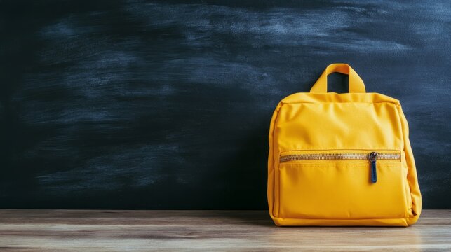 A wooden desk in a classroom supports a black school backpack crammed with stationery, with a chalkboard standing behind it