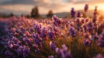 Obraz premium Beautiful Lavender Field at Sunset, Capturing Nature's Serene and Peaceful Beauty