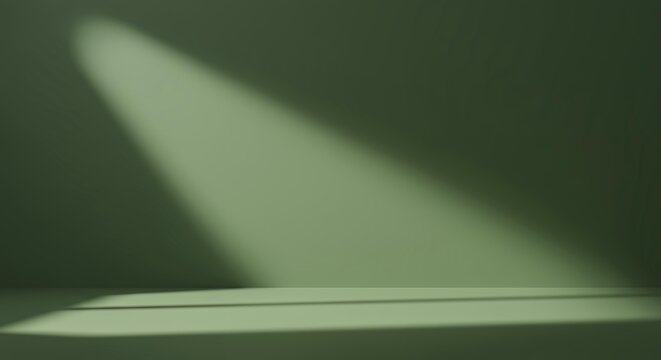 Deep sage green studio backdrop with soft spotlight beam and empty horizontal shelf for elegant natural product display and commercial mockup - Powered by Adobe