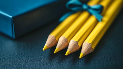 Three sharpened yellow pencils rest on a textured surface, conveying a sense of preparation and creativity, well-suited for educational or artistic themes