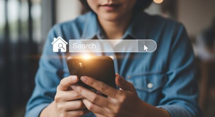 Find your dream house online: woman using mobile app for real estate search and property listing