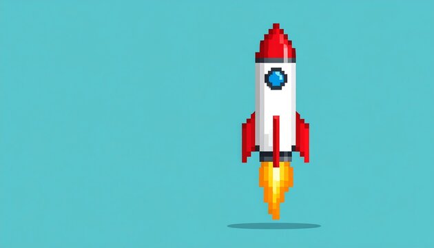 Pixel Art Rocket Launching on Turquoise Background