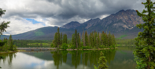 Pyramid Island in the middle of Pyramid Lake with Pyramid Mountain in background, Jasper NP, Canada