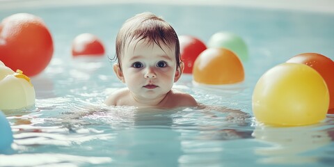 A baby is in a pool with many colorful balloons