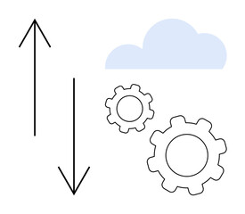 Gears and bidirectional arrows representing process integration with cloud element. Ideal for technology, development, automation, data processing, digital transformation, cloud sync, simple landing