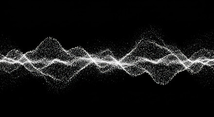 Abstract white particle waveform oscillating across a dark black background