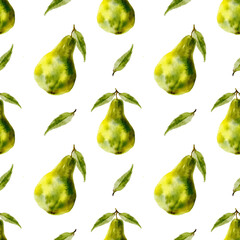 Whole green pears with leaves, seamless watercolor pattern on white background, suitable for textile design, kitchen decor, wrapping paper, and food-related projects