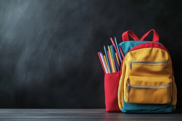 An image of a back-to-school setup with books, notebooks, pens, and pencils on a desk, plus an apple, placed in front of a blackboard
