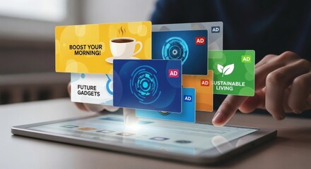 Online advertising on tablet device with ads for gadgets coffee and sustainable living concept design