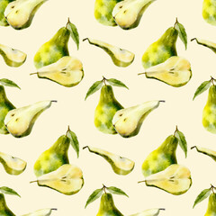 Whole and half green pears with leaves, seamless watercolor pattern on light beige background, suitable for textile design, kitchen decor, wrapping paper, and food-related projects