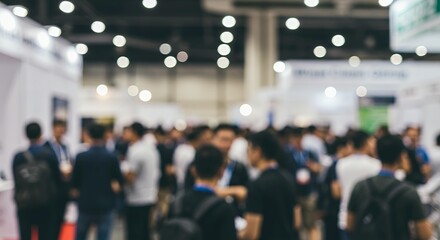 Blurred crowd at business convention center with booth displays for professional trade show event backgrounds