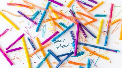 Fototapeta premium A classroom graphic design for back to school preparation, showcasing creative stationery organization in a colorful top-down view, capturing the educational concept