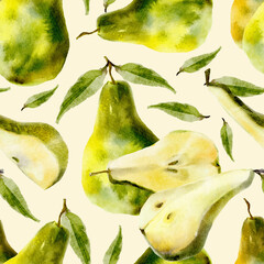 Obraz premium Whole and half green pears with leaves, seamless watercolor pattern on light beige background, suitable for textile design, kitchen decor, wrapping paper, and food-related projects