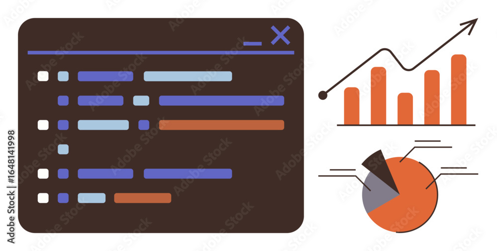 Wall mural data interface with organized code blocks alongside an upward-trending graph, bar chart, and pie cha