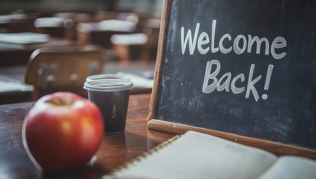 The school classroom welcomes students back with a cheerful note, maintains an organized space, functions as an educational setting, and has a section designated for copying