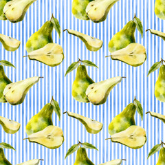 Whole and half green pears with leaves, seamless watercolor pattern on blue striped background, suitable for textile design, kitchen decor, wrapping paper, and picnic-themed projects