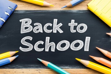The chalkboard reads 'Back to School' and is adorned with a kaleidoscope of vibrant school supplies, representing a fresh start in education for students