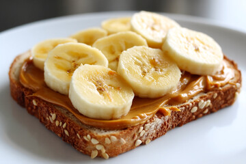 "Peanut Butter Toast Topped with Fresh Banana Slices, Healthy Breakfast"