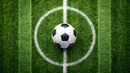 Obraz premium Soccer ball centered on a green field with white lines isolated on white background