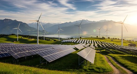 Renewable Energy Landscape Solar Panels and Wind Turbines on Rolling Hills with Mountains in the Background