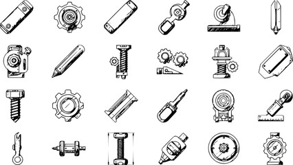 Engineering drawing, various technical drawings icons set. Blueprint. Draft sketches of the project. Monochrome black and white icon