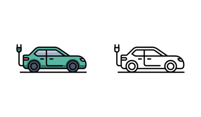 Fototapeta premium Electric Car Icon Set Modern Vehicle and Charging Cable Symbol Clean Energy Transportation